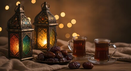 Arrangement with Dates Tea and Decorative Lanterns