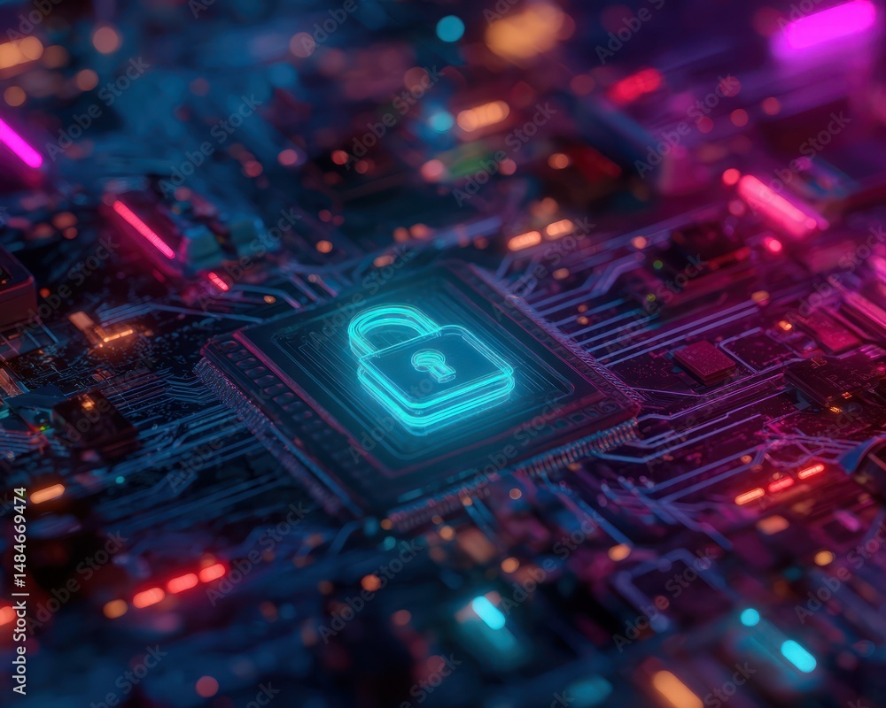 Poster glowing lock icon on a processor chip on a circuit board