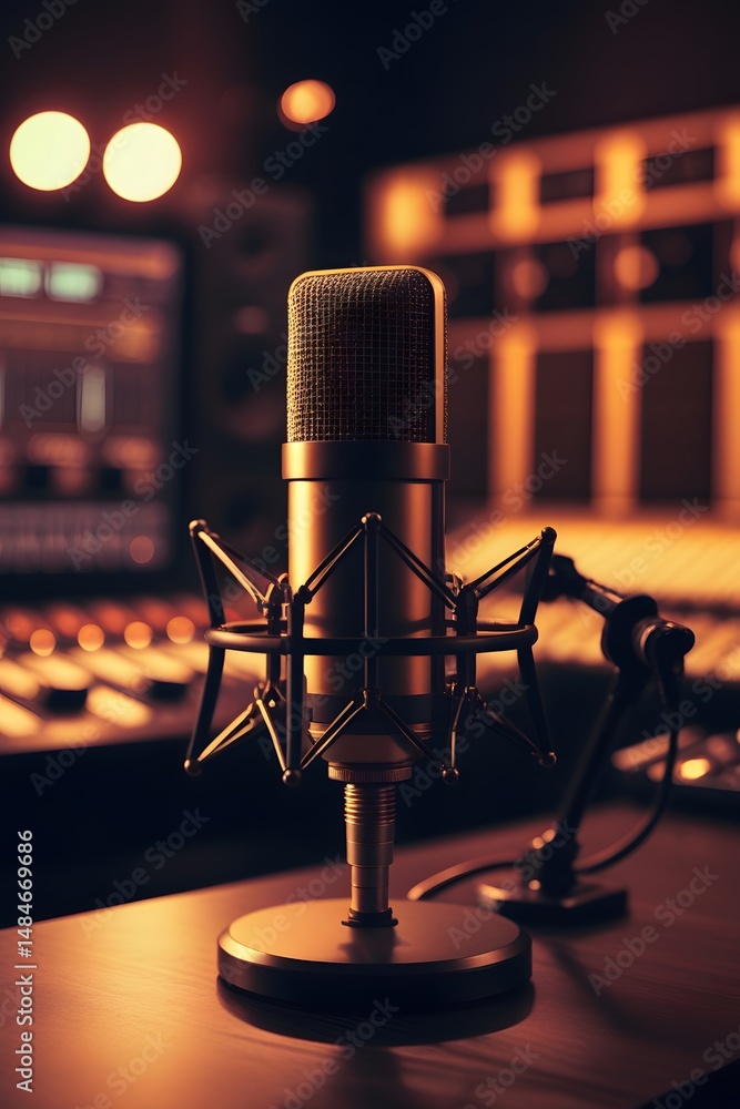 Poster studio microphone ready for recording in a professional audio production setting