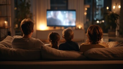 Naklejka premium Family watching tv together at night