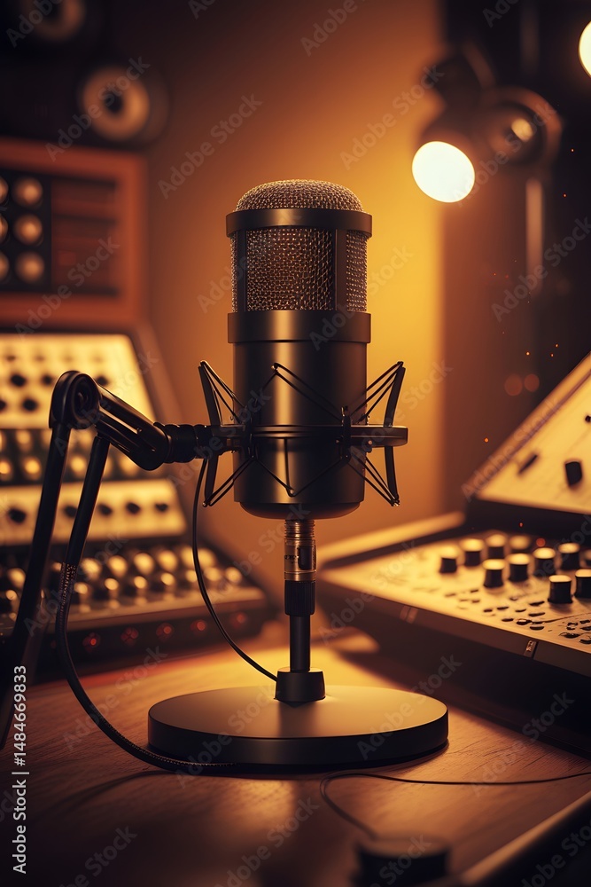 Poster studio microphone ready for recording in a professional audio production setting