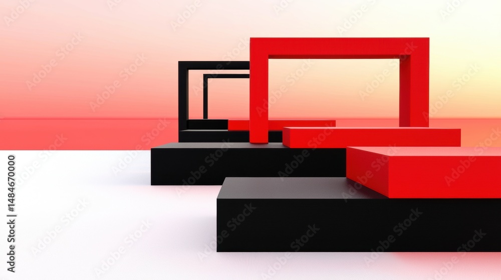 Aufkleber a 3d rendering of a series of black and red rectangular platforms.