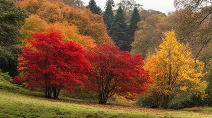 Obraz premium Vibrant Autumn Foliage in a Serene Forest Landscape with Stunning Color Contrasts