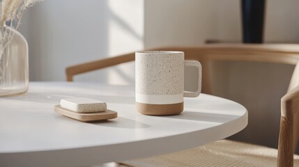 Naklejka premium Modern Minimalist Coffee Mug on a White Table in a Bright and Cozy Interior Setting