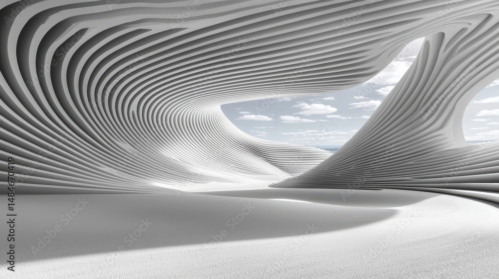 Poster abstract landscape with smooth curved lines in monochrome tones and soft light reflection on surface