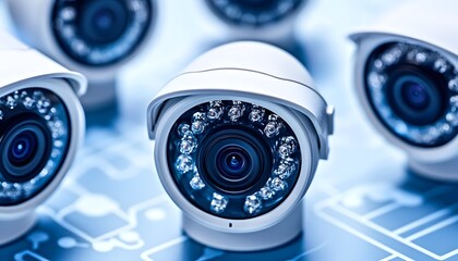 Multiple white dome security cameras on a blue surface, focused on the front camera