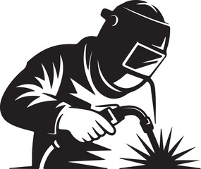 Welder Silhouette Wearing Protective Mask Working With Welding Torch And Sparks