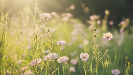 Soft Pink Wildflowers Blooming in a Sunlit Meadow with Gentle Light and Lush Greenery