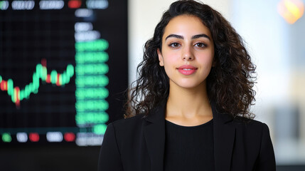 Dynamic market professional with curly hair, wearing black suit, standing confidently in front of financial chart