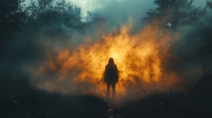 Silhouette figure in fire disaster
