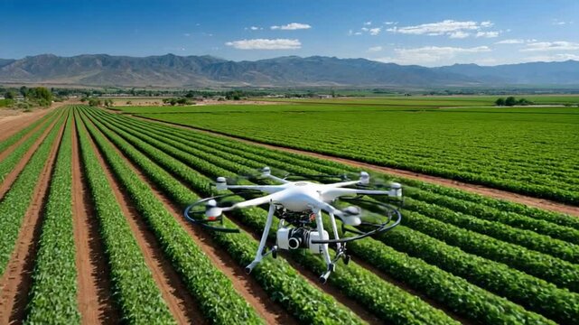 Drone's Eye View: Captivating the intersection of technological innovation and agricultural precision, a drone hovers above a vibrant field.