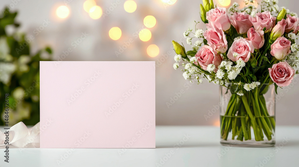 Poster beautiful arrangement of pink roses and blank card on table, creating romantic atmosphere with soft 