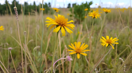 Fototapeta premium Showy goldenrod and rough blazing star blooming in a late summer prairie landscape.