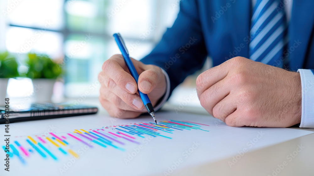 Poster professional financial advisor analyzing data with pen, showcasing graphs and charts on document, re