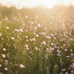 Soft Pink Wildflowers Scattered Across a Field Bathed in Warm Golden Sunset Light