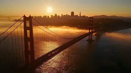 Obraz premium Breathtaking Golden Gate Bridge at Sunrise Over San Francisco Skyline
