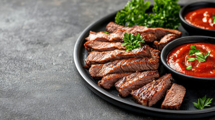 Delicious grilled beef slices served with fresh greens and savory sauce, perfect for satisfying meal