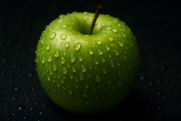 Fresh Green Apple with Water Droplets on Dark Background Healthy Eating and Freshness