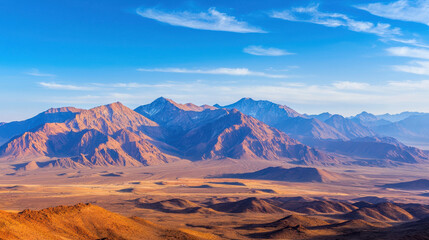Naklejka premium Breathtaking aerial view of majestic mountains under clear blue sky, showcasing rugged terrain and vast landscapes