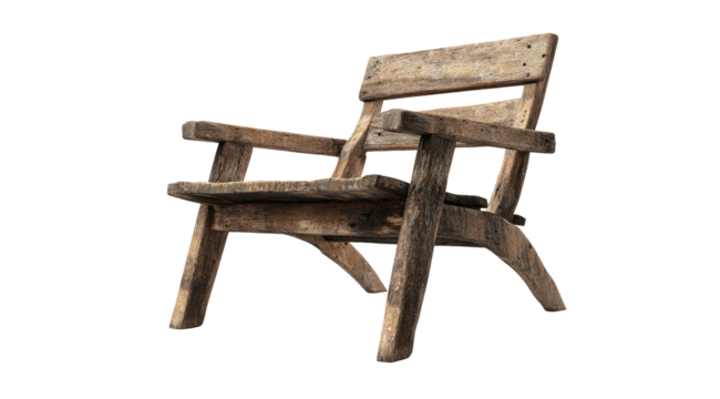 Rustic wooden armchair, weathered appearance, simple design