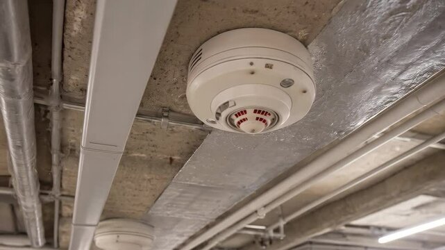 Close-up of white ceiling-mounted smoke detectors with red vents on a concrete ceiling with exposed pipes and conduit, industrial interior, fire safety.