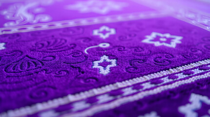 Luxurious purple prayer mat intricate details soft texture divine serenity
