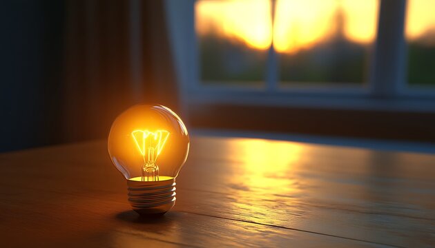 Illuminated light bulb on wooden table near window at sunset