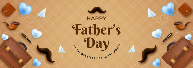 Happy Fathers Day Concept with Mustaches, Briefcases, and Flying Paper Planes