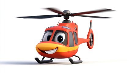 A cartoon helicopter with a happy face, in flight