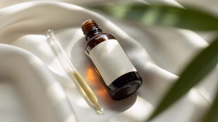 photograph of a dark amber oil bottle resting elegantly on a pristine white silk
