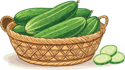 Cucumber Illustration vector design, Cucumber in wicker basket in white background Illustration vector design