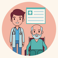 Friendly Doctor Examining Senior Patient in Wheelchair Medical Healthcare Illustration