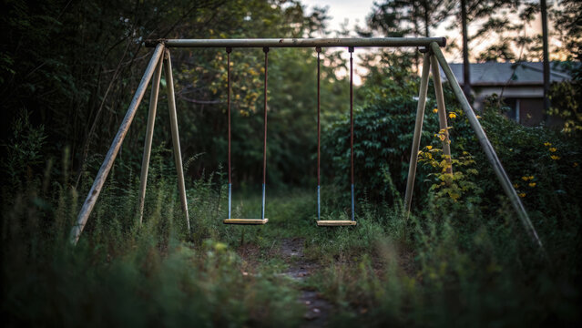 Empty swing set overgrown with grass and plants in quiet garden creates great feeling of calm after great depression