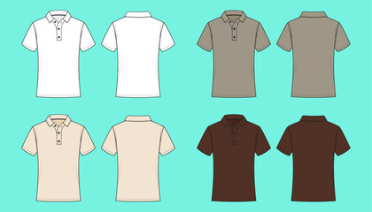 Men's short sleeve Polo shirt colour way set fashion flat sketch template outline CAD mockup.