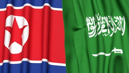 Naklejka premium Flags of KOREA NORTH and SAUDI ARABIA with realistic cloth texture