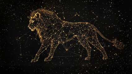 Artistic Single zodiac constellation (Leo) drawn with dotted golden lines on soft black background, Birth Chart Analysis , for Astrology blog banners, birth chart readings, online astrology courses 