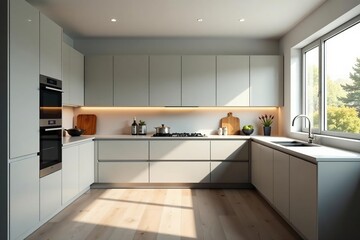 Sleek modern kitchen with stainless steel appliances and minimalist design , spacious kitchen, stylish kitchen, white cabinets