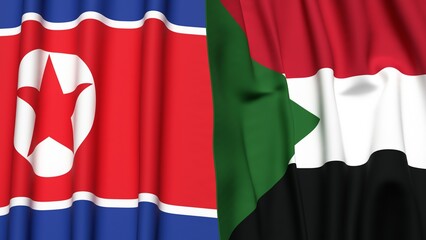 Flags of KOREA NORTH and SUDAN with realistic cloth texture