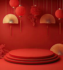 A vibrant red stage adorned with traditional paper lanterns and decorative fans. creating a festive atmosphere suitable for cultural celebrations or events