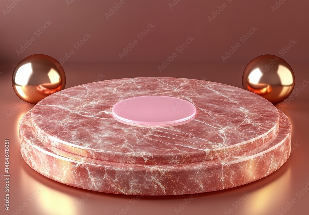 Poster a serene and minimalist pink marble stage featuring a floating sphere. surrounded by various spheric