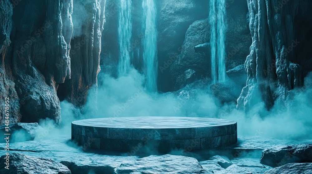 Poster a mystical stone platform surrounded by cascading waterfalls and mist in a serene forest setting. ev