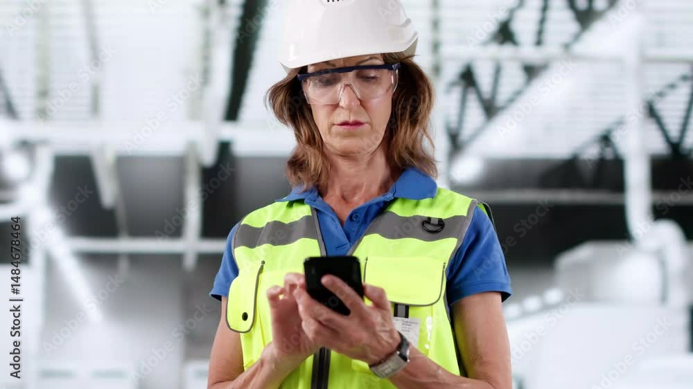 Poster factory worker using phone or smartphone
