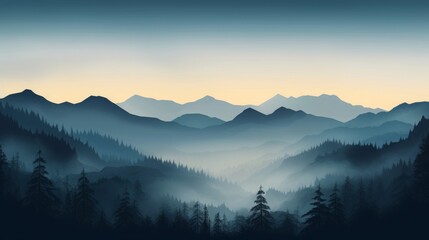 Obraz premium Misty Mountain Valley Under Soft Blue Sunrise with Atmospheric Fog and Serene Natural Landscape