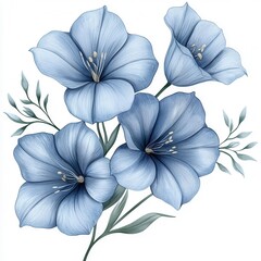 spring flower concept. Delicate blue flowers with intricate details and leaves. isolated on white background