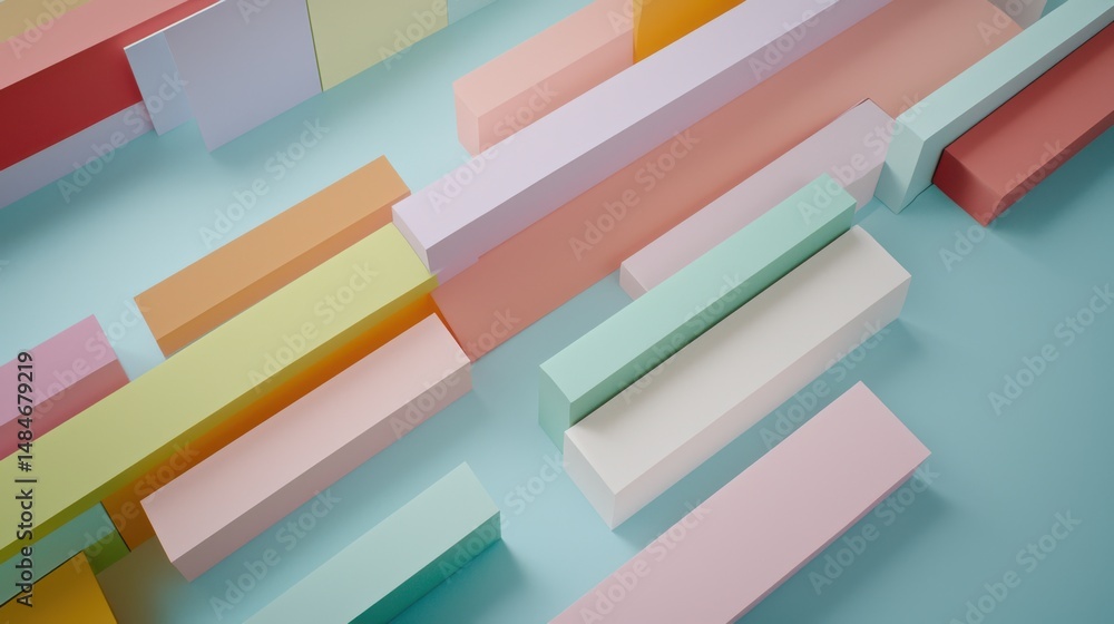 Poster colorful geometric shapes and blocks arranged on a light blue surface creating a modern abstract des