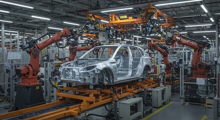 Car Frame Assembly Line with Robotic Arms in Automotive Factory