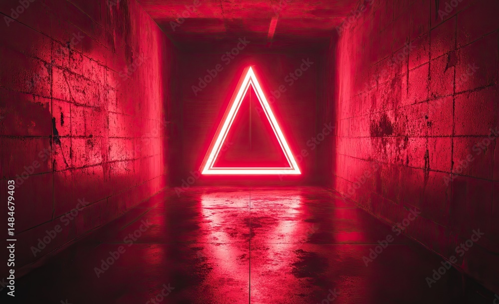 Aufkleber a glowing red neon triangle installation in a dimly lit corridor. creating a striking visual effect.