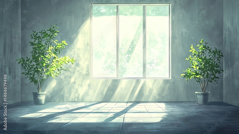 Poster a serene indoor space featuring potted plants casting shadows on a tiled floor. illuminated by soft 