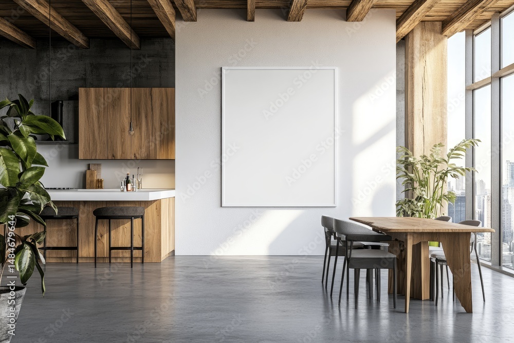 Poster a spacious modern kitchen with wooden accents and a large empty frame on the wall. featuring a long 