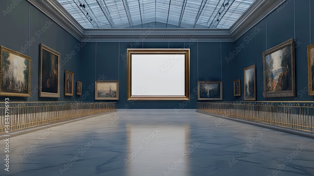 Poster a spacious art gallery featuring classic paintings on the walls. illuminated by natural light from a